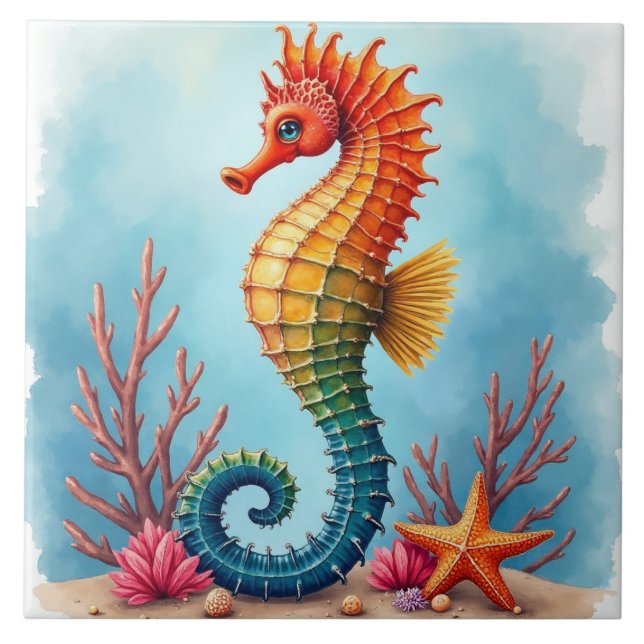 Carreau Hippocampe, étoile de mer et corail (Devant)