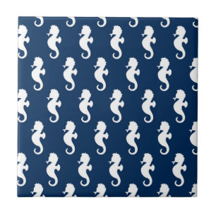 Carreau Hippocampe nautique bleu marine blanc Océan animal
