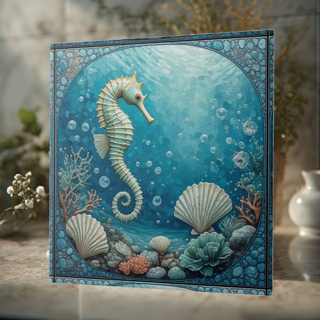 Carreau Hippocampe Tropical de la Côte au Clair de Lune en (Crescent Moonlit Coastal Seahorse Tropical Coral Ceramic Tile)