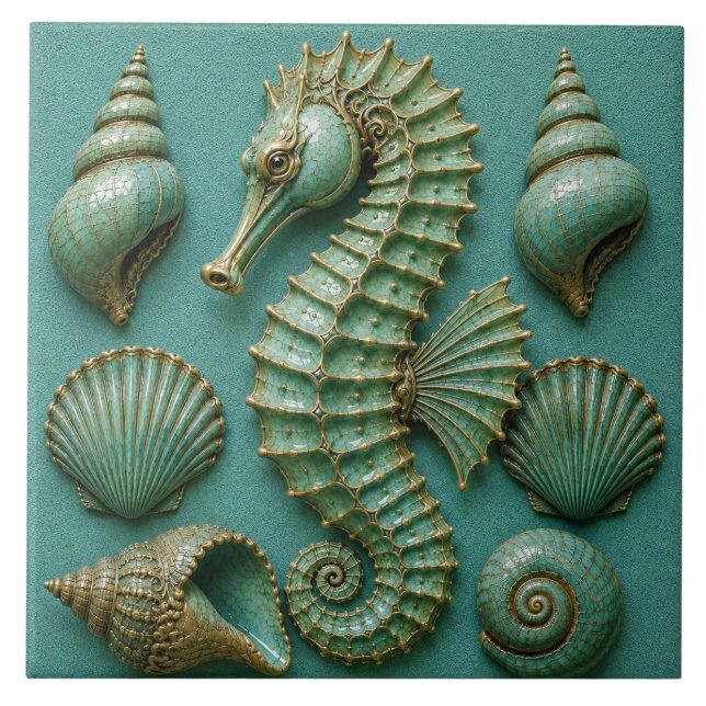 Carreau Hippocampe Turquoise et Décoration Côtière de Coqu (Devant)