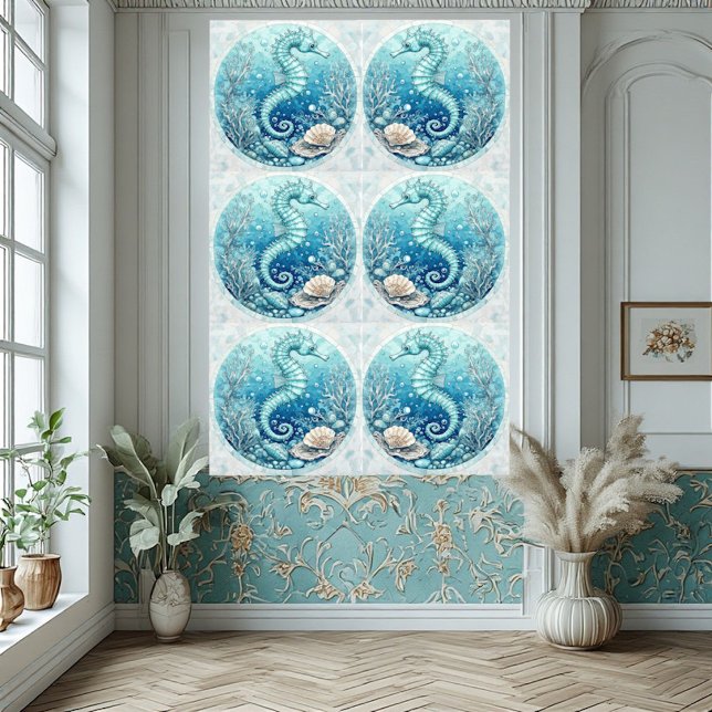 Carreau Hippocampes Côtiers Coraux Océaniques Décoration T (Coastal Seahorse Ocean Corals Tropical Decorative Ceramic Tile)