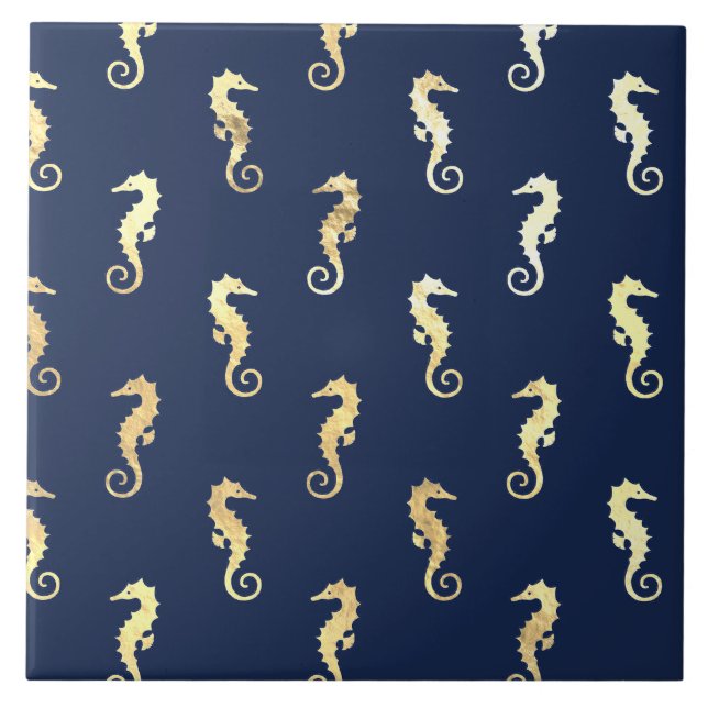 Carreau Hippocampes de ton doré sur fond bleu marine (Devant)