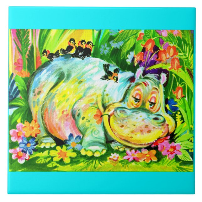 Carreau hippopotame et oiseaux aux couleurs vives (Devant)