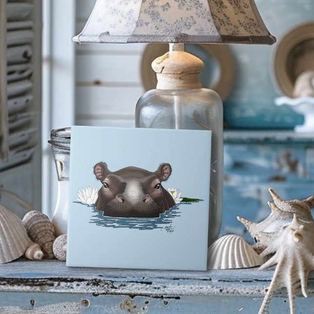 Carreau Hippopotame Lotus Blanc Bleu (Créateur téléchargé)