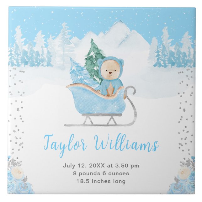 Carreau Hiver Bear Blue Sleigh Statistiques de naissance (Devant)
