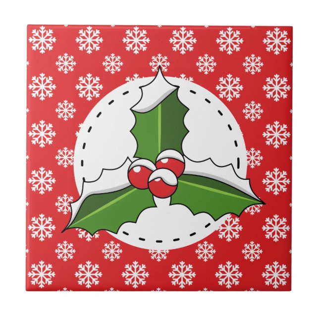 Carreau Holly Berry on Red White Snowflakes Pattern (Devant)