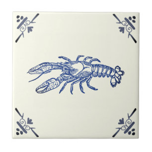 Carreau Homard bleu Vintage décoratif sur ivoire