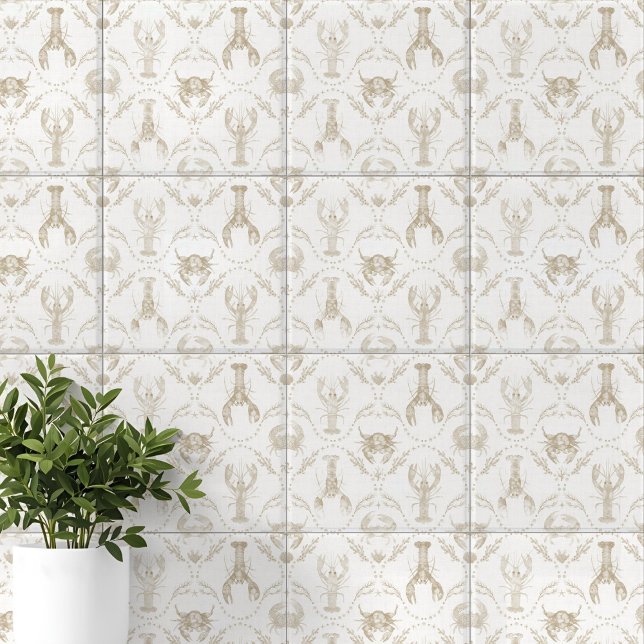 Carreau Homards et crabes côtiers preppy en beige sableux (Preppy Coastal Lobsters and Crabs in Sandy Beige Ceramic Tile)