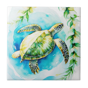 Carreau Honu hawaïen avec plumeria et aquarelle de maïs