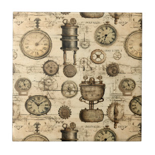 Carreau Horloge ancienne engrenages Parchemin Brun