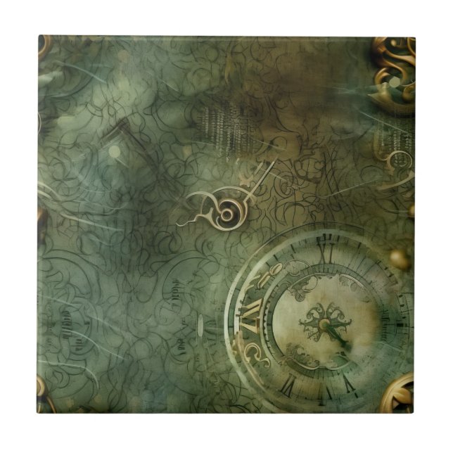 Carreau Horloge Classique Steampunk Émeraude Verte (Devant)