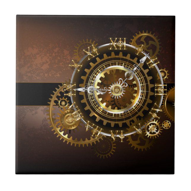 Carreau Horloge Steampunk avec des engrenages anciens (Devant)