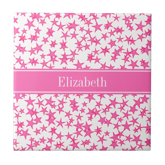 Carreau Hot Rose 2 Étoiles Blanc BG, Hot rose Nom Monogram (Devant)