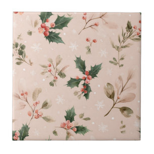 Carreau Houx botanique de Noël rose poussiéreux flocon de
