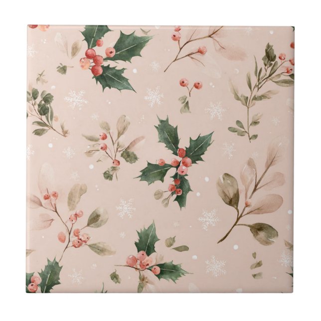 Carreau Houx botanique de Noël rose poussiéreux flocon de  (Devant)