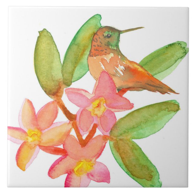 Carreau Hummingbird Plumeria Aquarelle Fleurs (Devant)