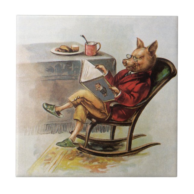 Carreau Humour vintage, Cochon en Rocking Chaise Lire un l (Devant)