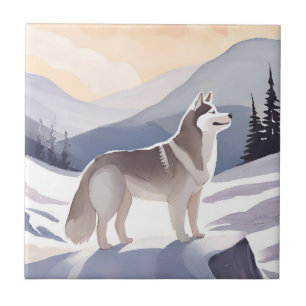 Carreau Husky d'Alaska Aquarelle Montagne Chien