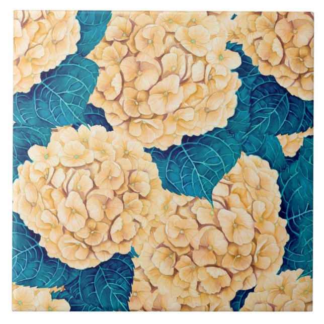 Carreau Hydrangea aquarelle motif, jaune et bleu (Devant)