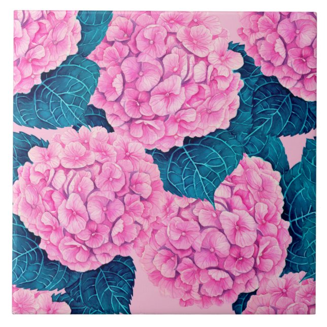 Carreau Hydrangea aquarelle motif, rose et bleu (Devant)