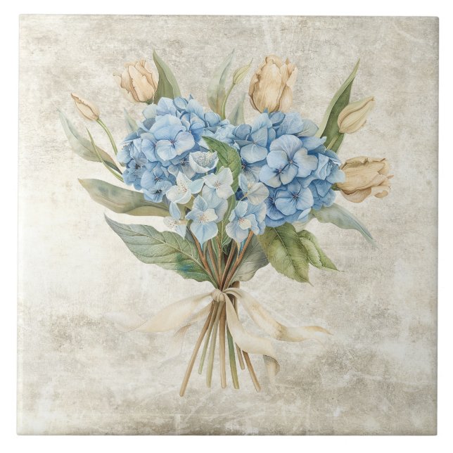 Carreau Hydrangea Bleu Floral Aquarelle Rustique  (Devant)