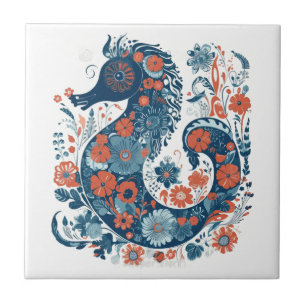 Carreau Hygge Blue Floral Seahorse Scandinave Folk Art