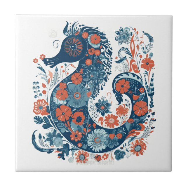 Carreau Hygge Blue Floral Seahorse Scandinave Folk Art (Devant)
