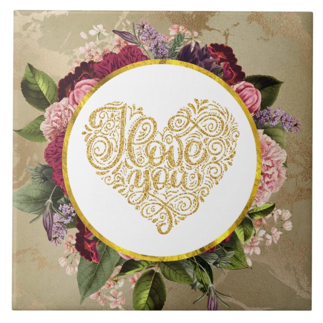 Carreau I Love You Fancy Golden Heart with Floral Frame (Devant)