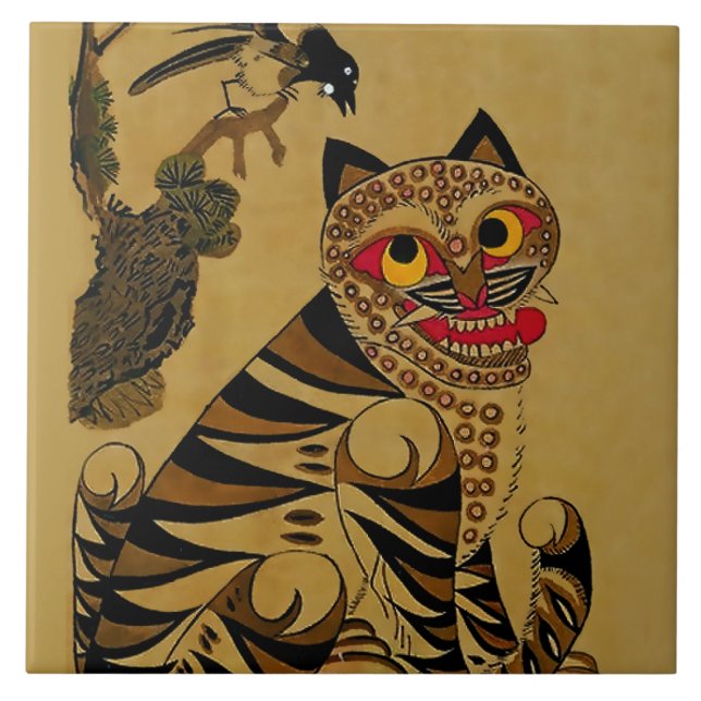 Carreau Idiot Tiger et Pie Magpie coréenne Minhwa (Devant)