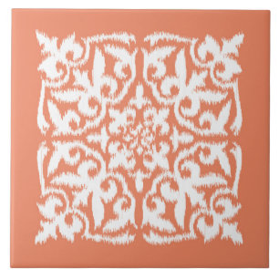 Carreau Ikat damask motif - corail orange et blanc