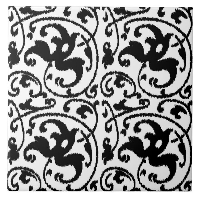 Carreau Ikat Floral Damask - Blanc et Noir (Devant)