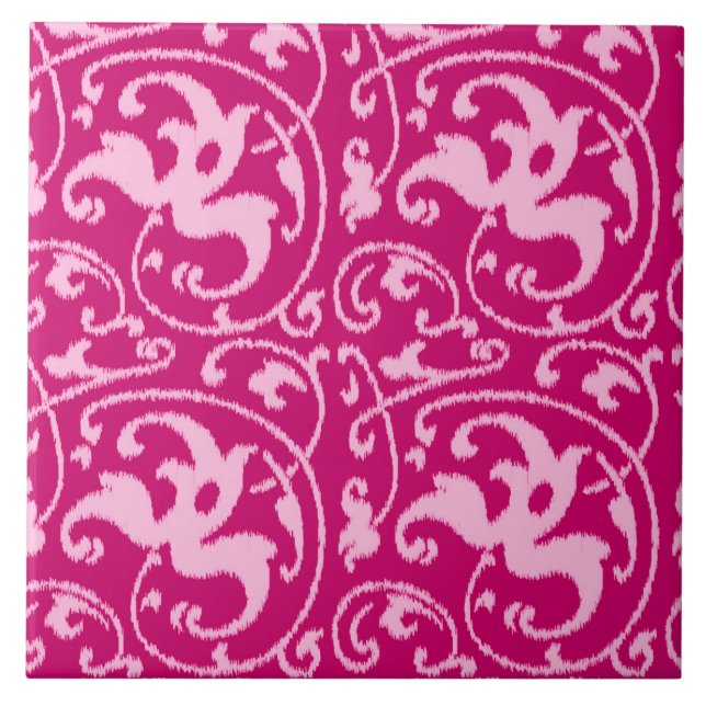 Carreau Ikat Floral Damask - Fuchsia et rose pâle (Devant)