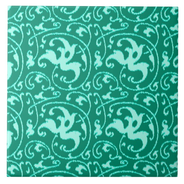 Carreau Ikat Floral Damask - Turquoise et Aqua (Devant)