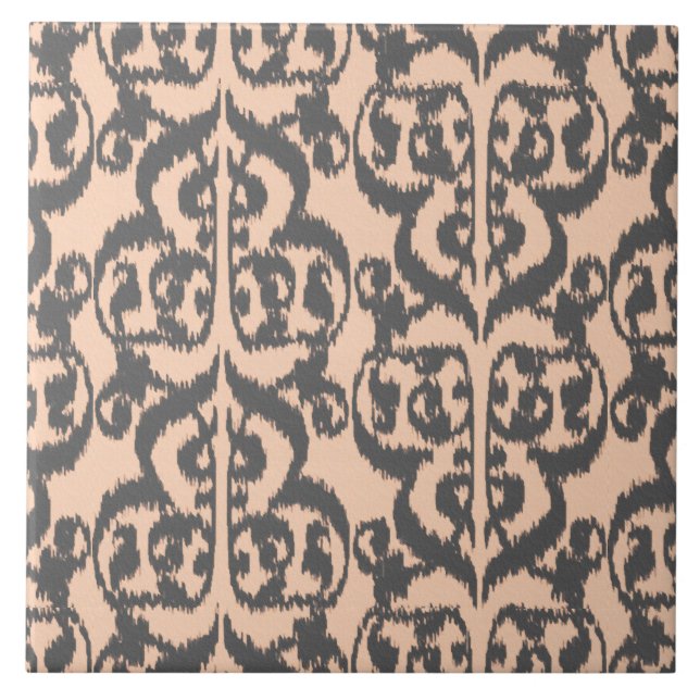Carreau Ikat Moorish Damask - pêche et gris charbon (Devant)