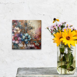 Carreau Il Est Ressuscité Écriture Florale Aquarelle Croix