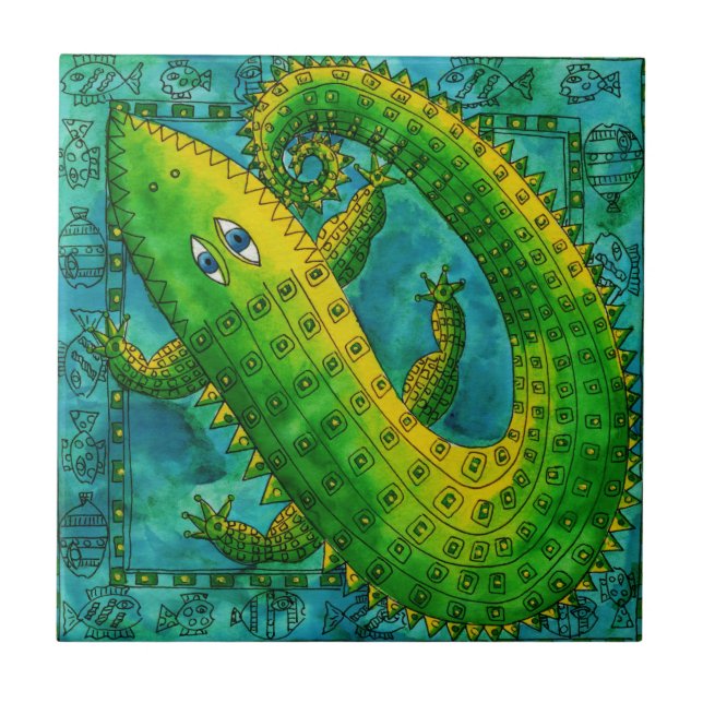 Carreau Illustration aquarelle de crocodile à motifs (Devant)