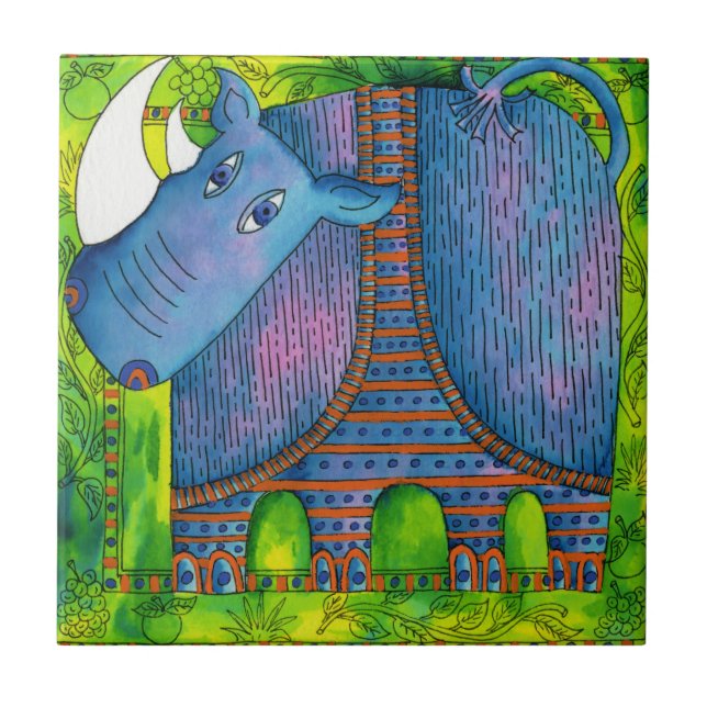 Carreau Illustration aquarelle de rhinocéros à motifs (Devant)