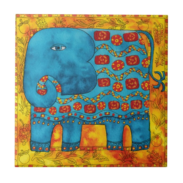 Carreau Illustration aquarelle d'éléphant à motifs (Devant)