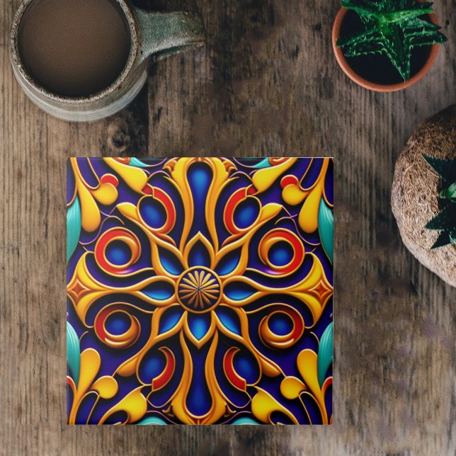 Carreau Illustration Art Déco Floral Bleu Rétro (Créateur téléchargé)