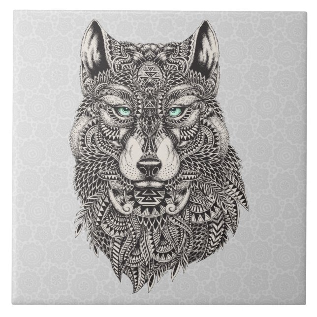 Carreau Illustration Black Grey & Green Wolf (Devant)