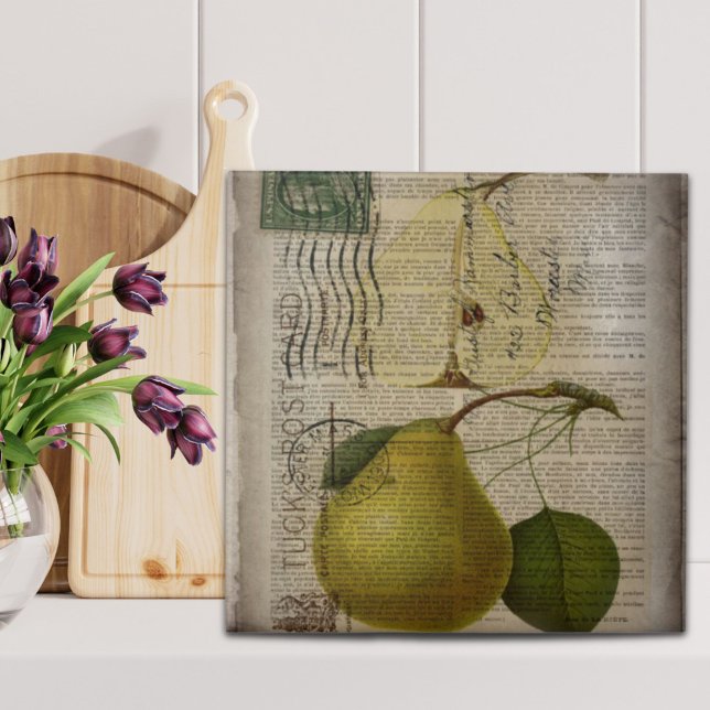 Carreau illustration botanique de pays français poire vint (french country botanical illustration vintage pear ceramic tile)