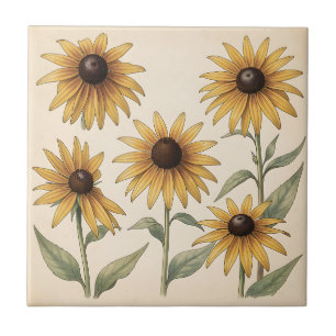 Carreau Illustration botanique de Rudbeckia jaune vintage