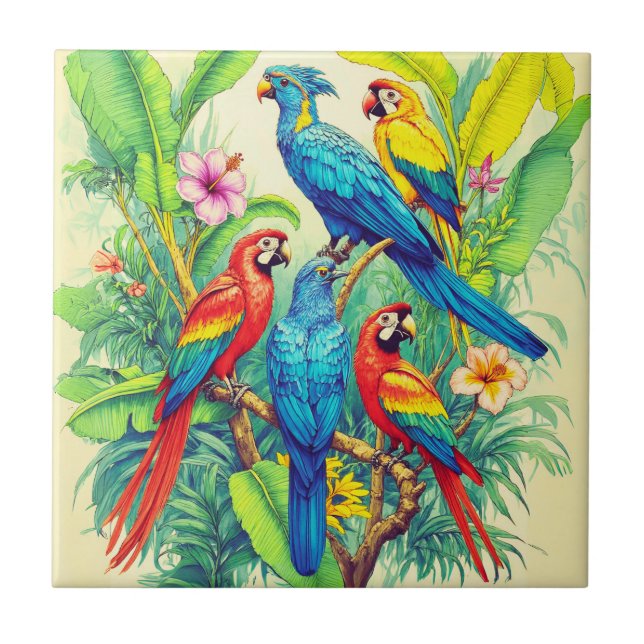 Carreau Illustration botanique d'oiseaux tropicaux (Devant)