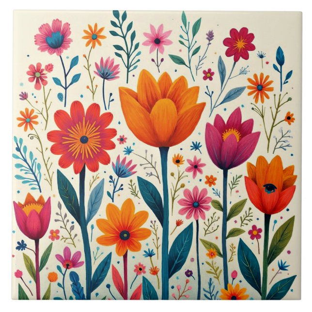 Carreau Illustration d'art de fleurs colorées, (Devant)