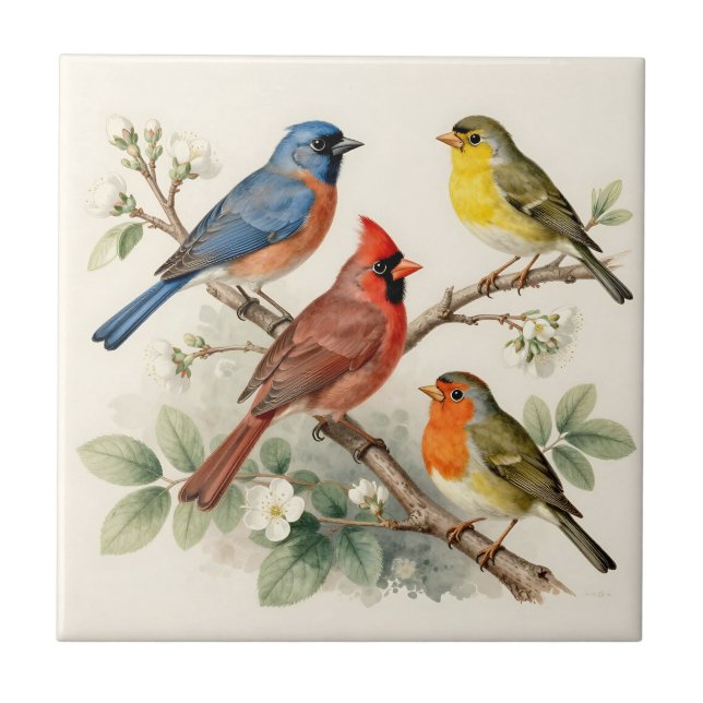Carreau Illustration de branche fleurie avec oiseaux chant (Devant)