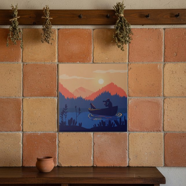 Carreau Illustration de canoë sur le lac au coucher du sol (Créateur téléchargé)