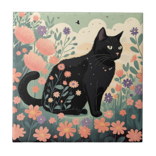Carreau Illustration de chat noir dans un champ de fleurs