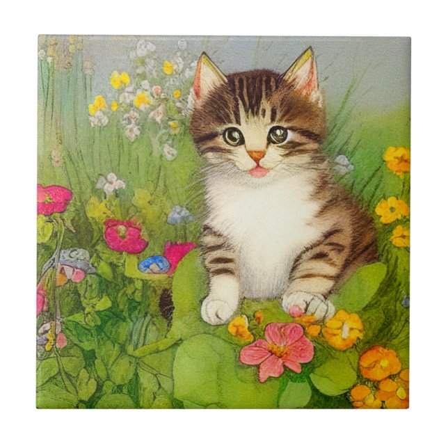 Carreau Illustration de chat souriant vintage (Devant)