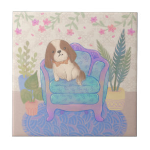 Carreau Illustration de chiot mignon sur un fauteuil vinta