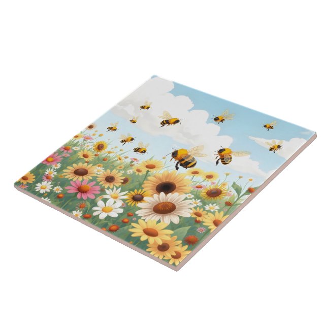 Carreau Illustration de fleurs et d'abeilles mignonnes (Côté)